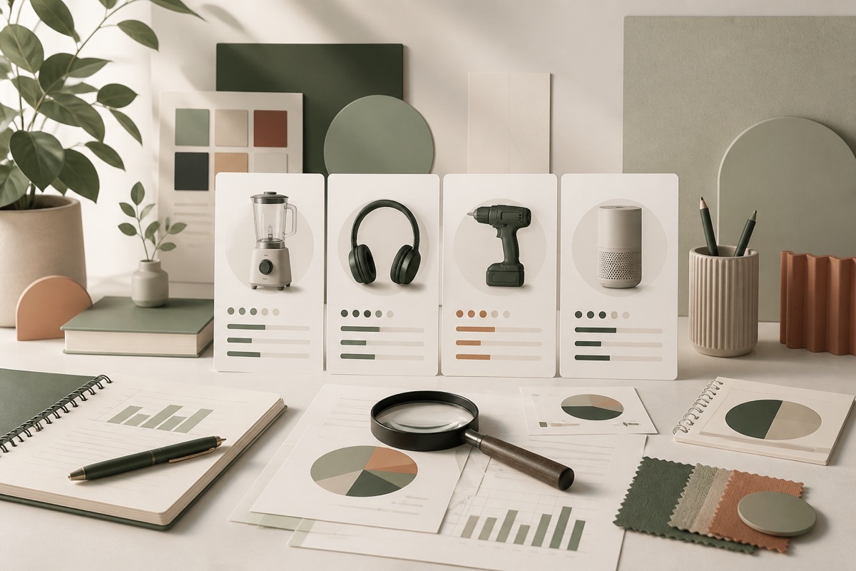 Editorial product research workspace with comparison cards